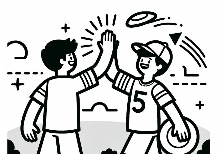 アルティメットフリスビーで得点後に選手たちがハイタッチ – 無料塗り絵 ウルトimate フリスビーでポイントを獲得した後、プレイヤーがお互いを称賛する – 無料の塗り絵