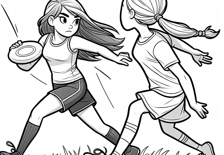 Player dodges defender in Ultimate Frisbee – free coloring page