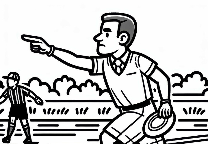 Schiedsrichter zeigt beim Ultimate Frisbee auf das Spielfeld für gültigen Punkt – Ausmalbild gratis