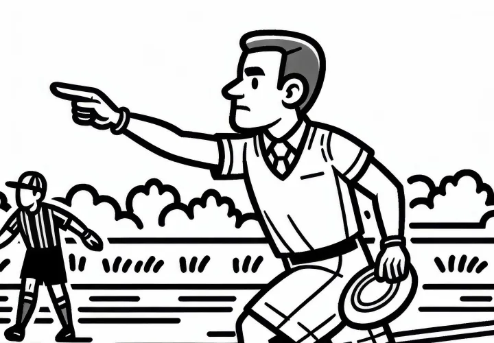 Referee points to the field for a valid point in Ultimate Frisbee – free coloring page