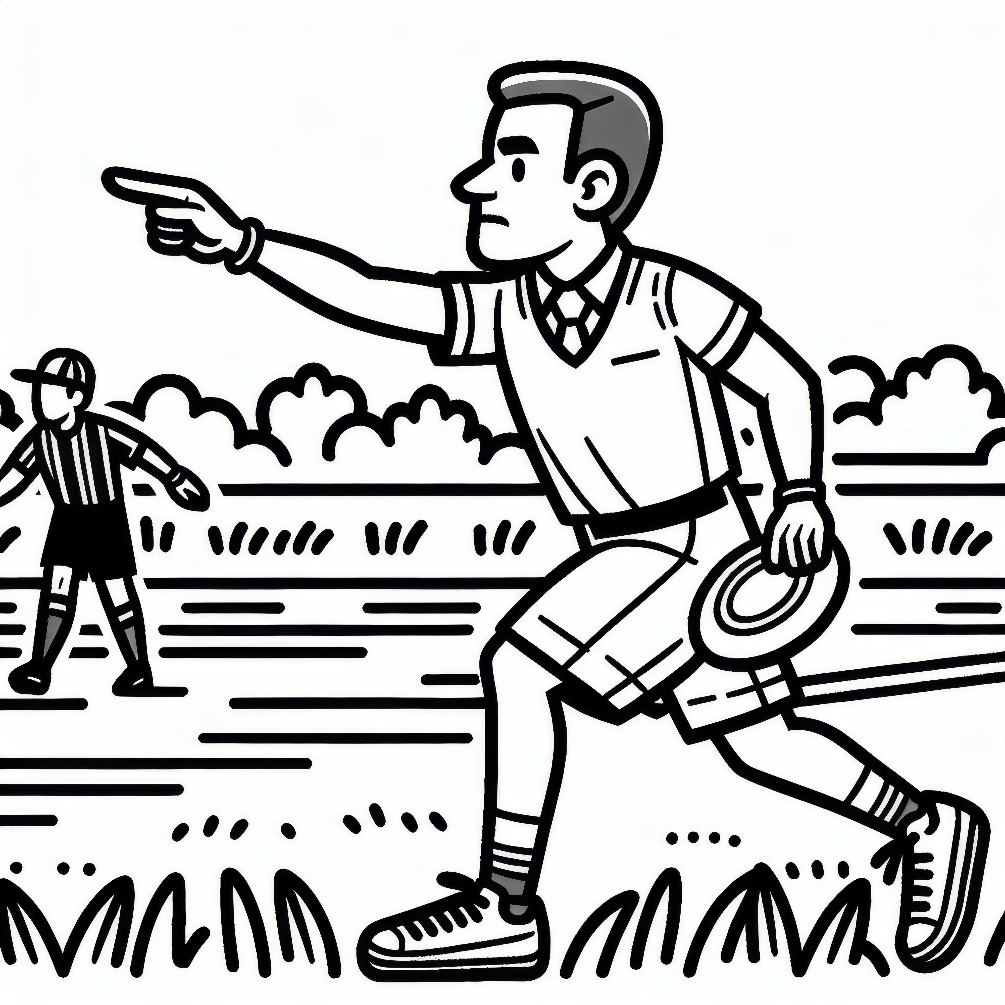Schiedsrichter zeigt beim Ultimate Frisbee auf das Spielfeld für gültigen Punkt – Ausmalbild gratis