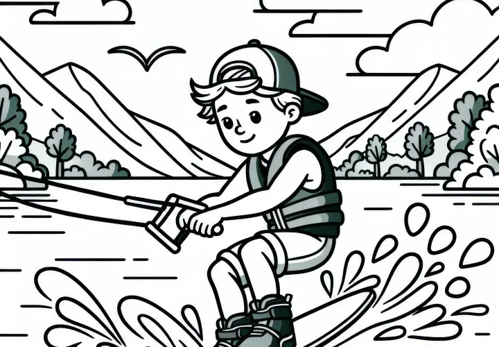 Wakeboarder rides at high speed over the water – Free coloring page