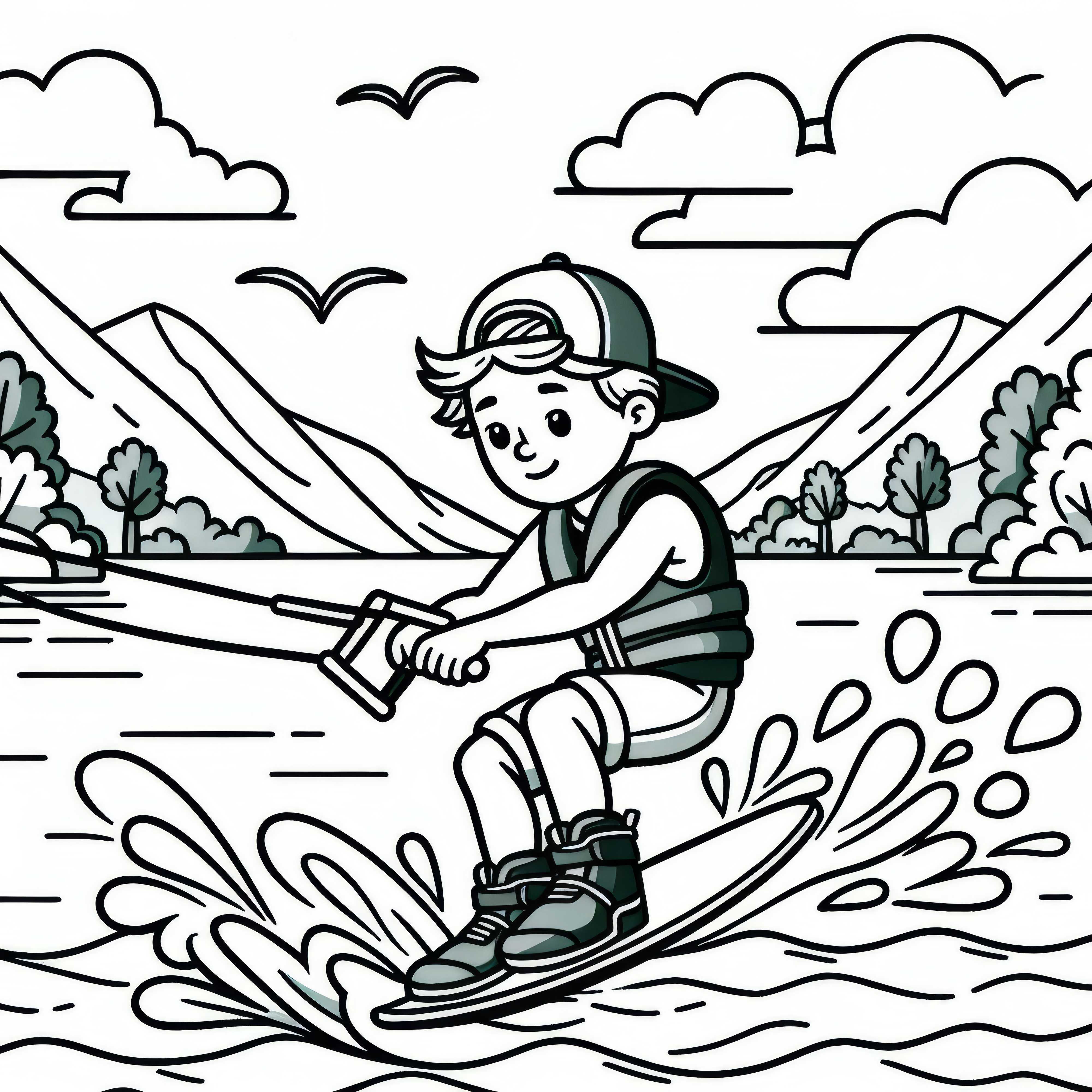 Wakeboarder fährt mit hoher Geschwindigkeit übers Wasser – Malvorlage kostenlos