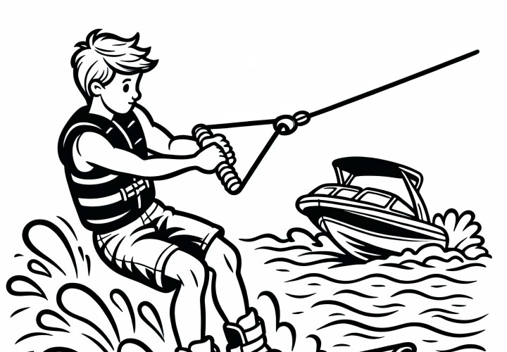 Wakeboarder hält sich am Zugseil – Malvorlage kostenlos