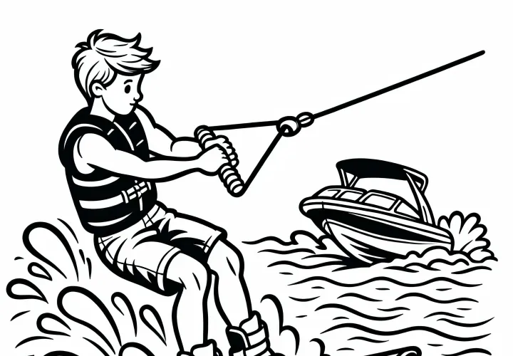 Wakeboarder holds onto the tow rope – Free coloring page
