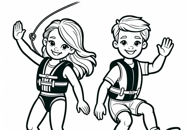 Two wakeboarders are riding side by side and waving – Free coloring page