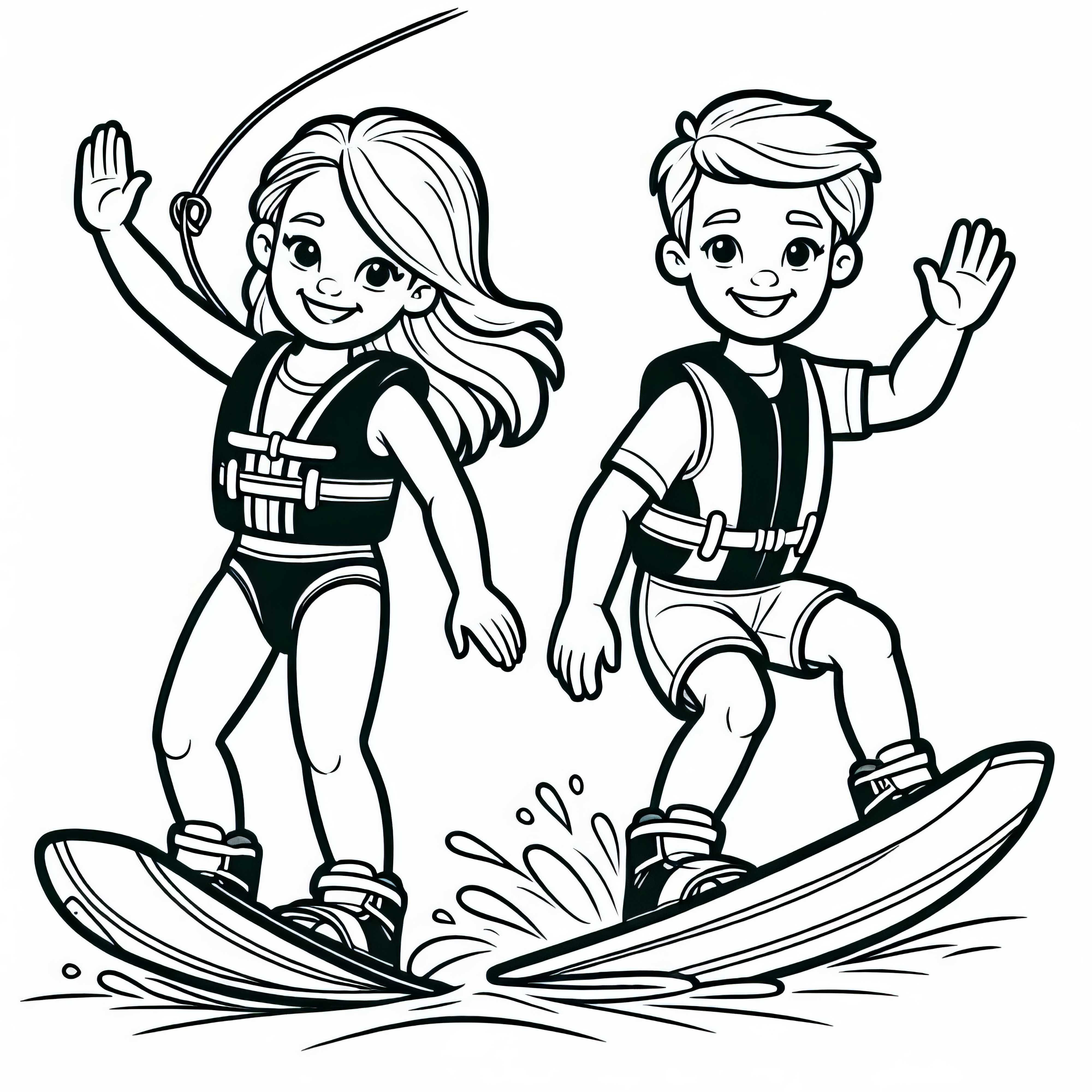 Zwei Wakeboarder fahren nebeneinander und winken – Ausmalbild kostenlos