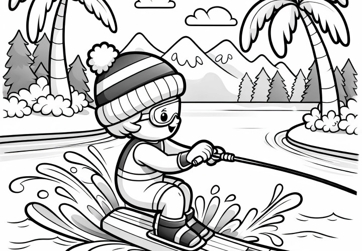 Penggiat ski air pemula mencoba untuk menjaga keseimbangan – Gambar untuk diwarnai gratis