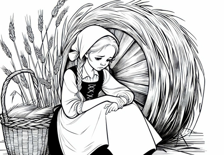 A filha de Müller está sentada triste diante da palha que ela deve fiar - Modelo de colorir Rumpelstiltskin gratuito