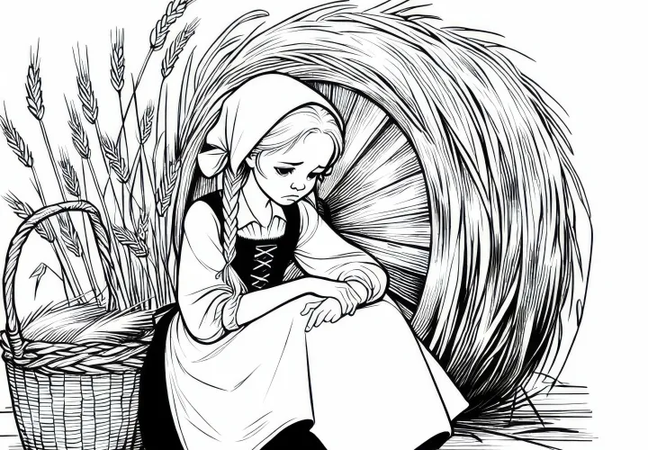 Müller's daughter sits sadly in front of straw that she is supposed to spin – Free coloring page of Rumpelstiltskin
