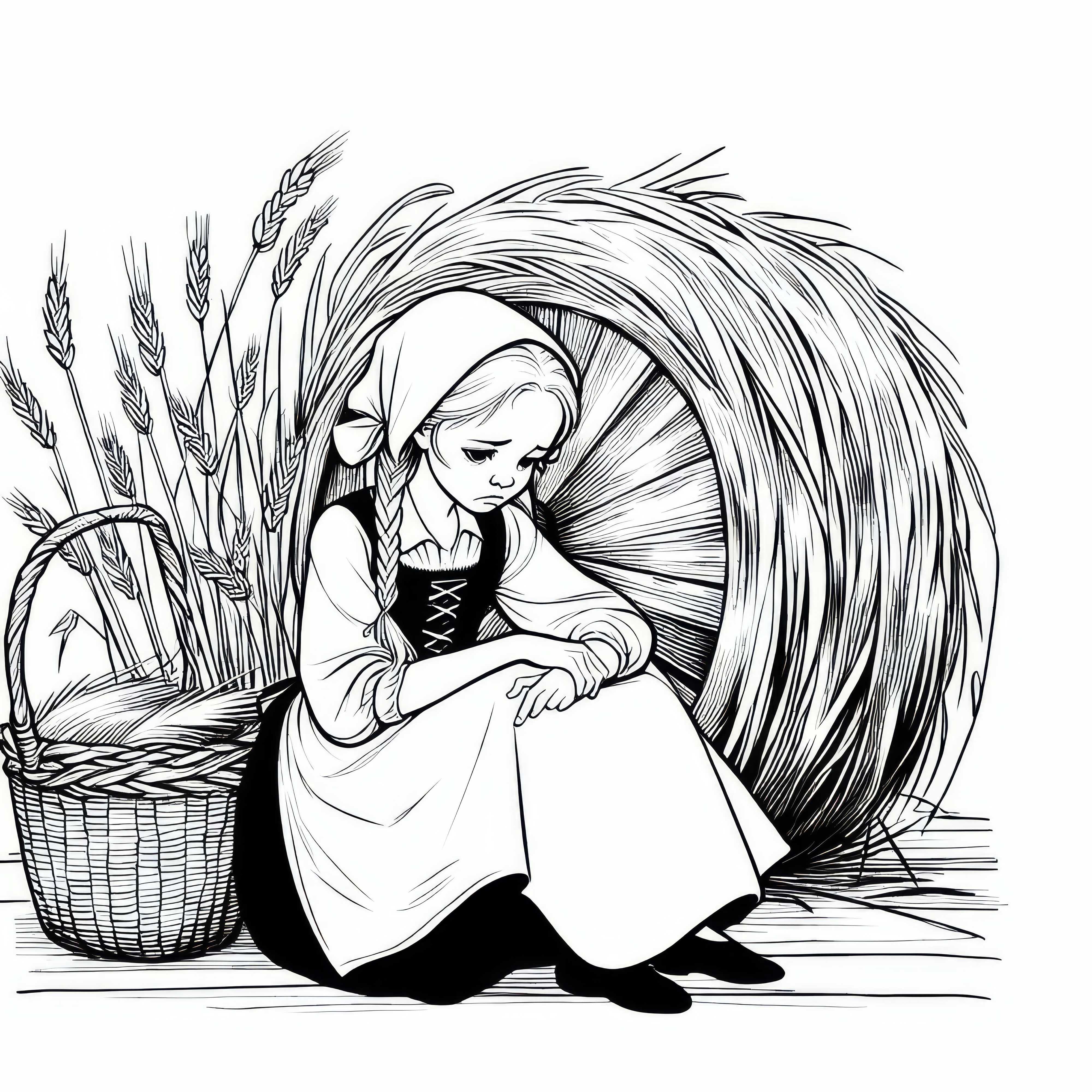 A filha de Müller está triste diante de palha, que ela deve fiar – Desenho para colorir do Rumpelstiltskin grátis