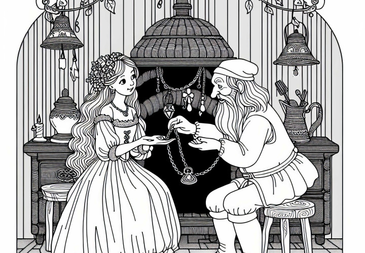 Anak penggilingan memberikan Rumpelstiltskin kalungnya sebagai imbalan – Gambar mewarnai dongeng gratis