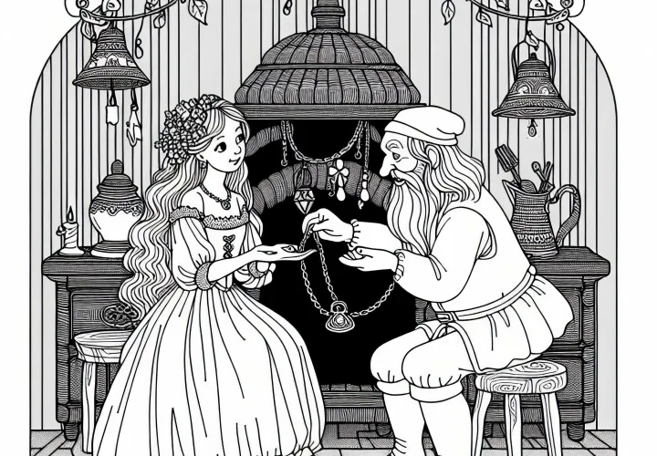 Miller's daughter gives Rumpelstiltskin her necklace as payment – Free coloring page fairy tale