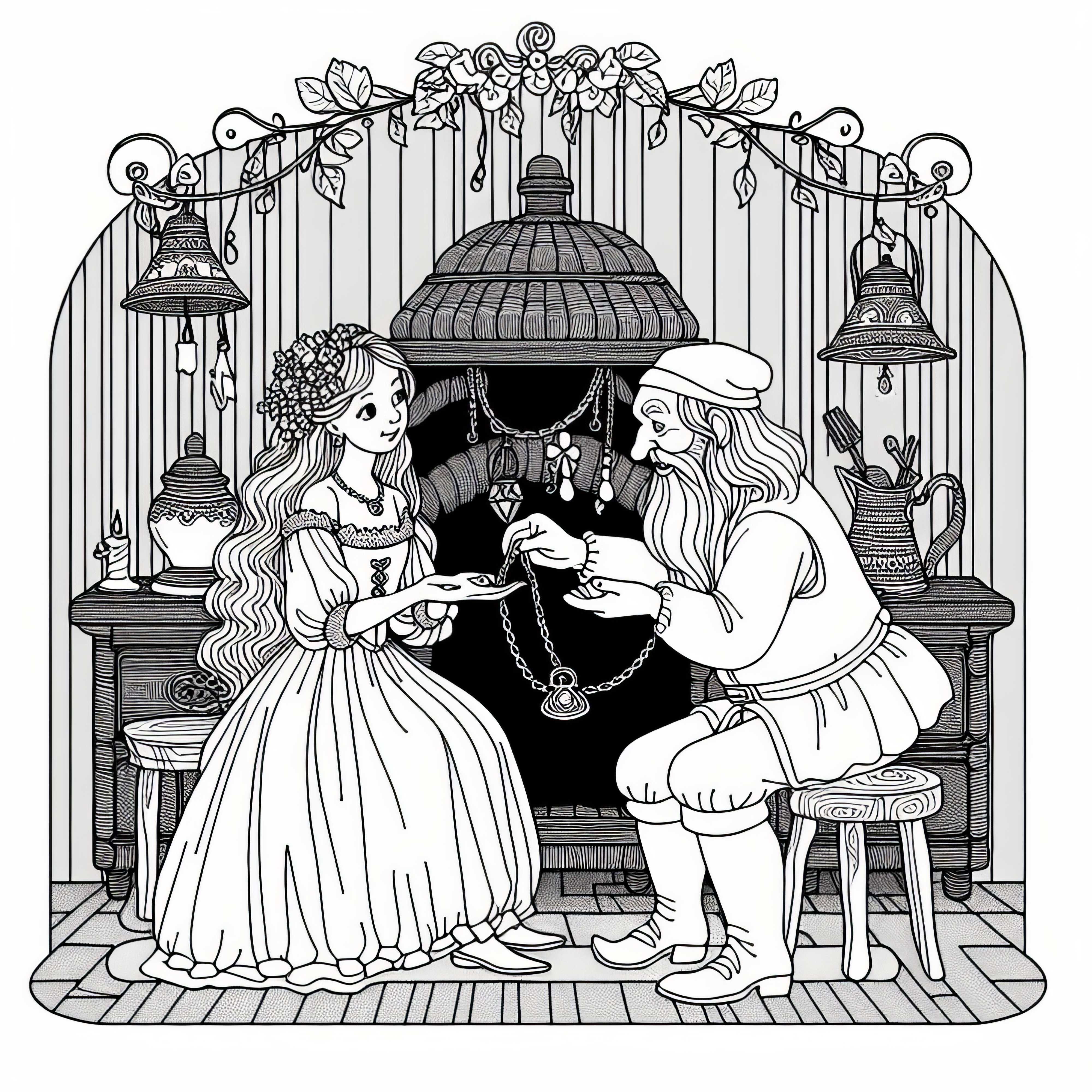 A filha do moleiro dá a Rumpelstilzchen seu colar como pagamento - Desenho para colorir de conto de fadas grátis
