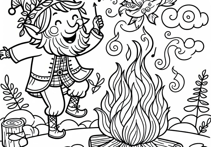 Rumpelstilzchen dança ao redor do fogo - Modelo para colorir conto de fadas grátis
