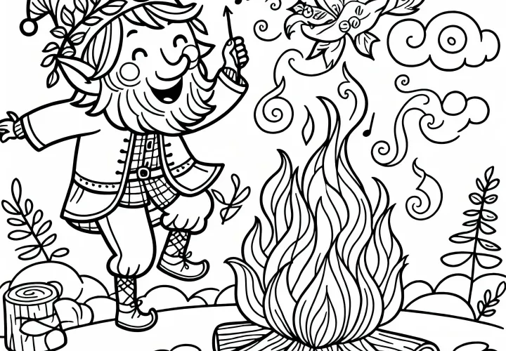 Rumpelstiltskin dances around the fire – Fairy tale coloring page free