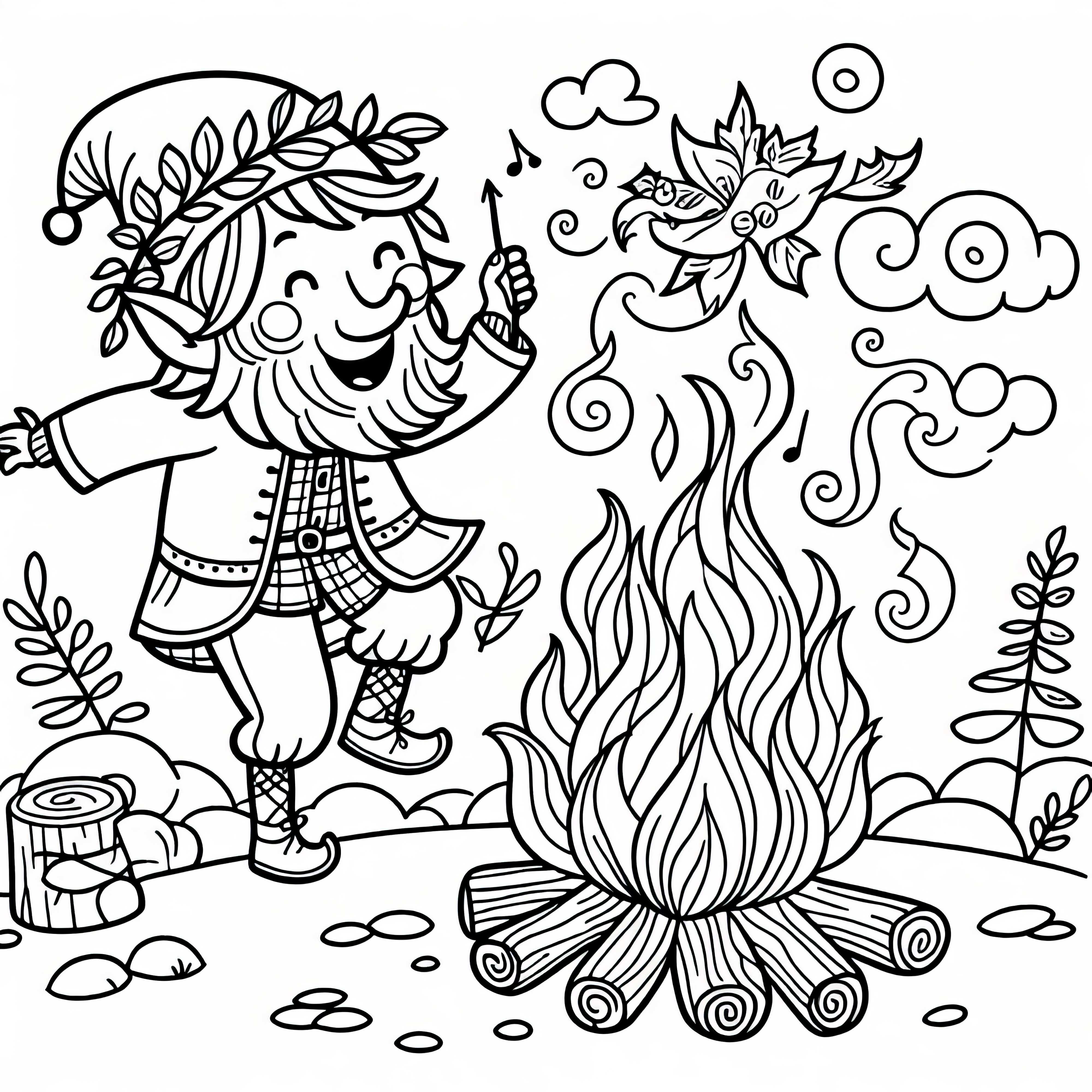 Rumpelstilzchen dança ao redor do fogo – Desenho para colorir de conto de fadas grátis
