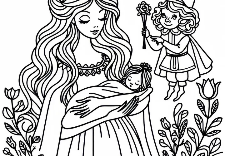 Queen holds her child in her arms - Free coloring page Rumpelstiltskin
