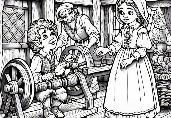 Rumpelstilzchen aparece e oferece ajuda à filha do moleiro - Desenho para colorir conto de fadas