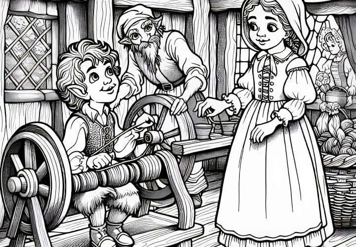 Rumpelstiltskin appears and offers the miller's daughter help – Fairy tale coloring page