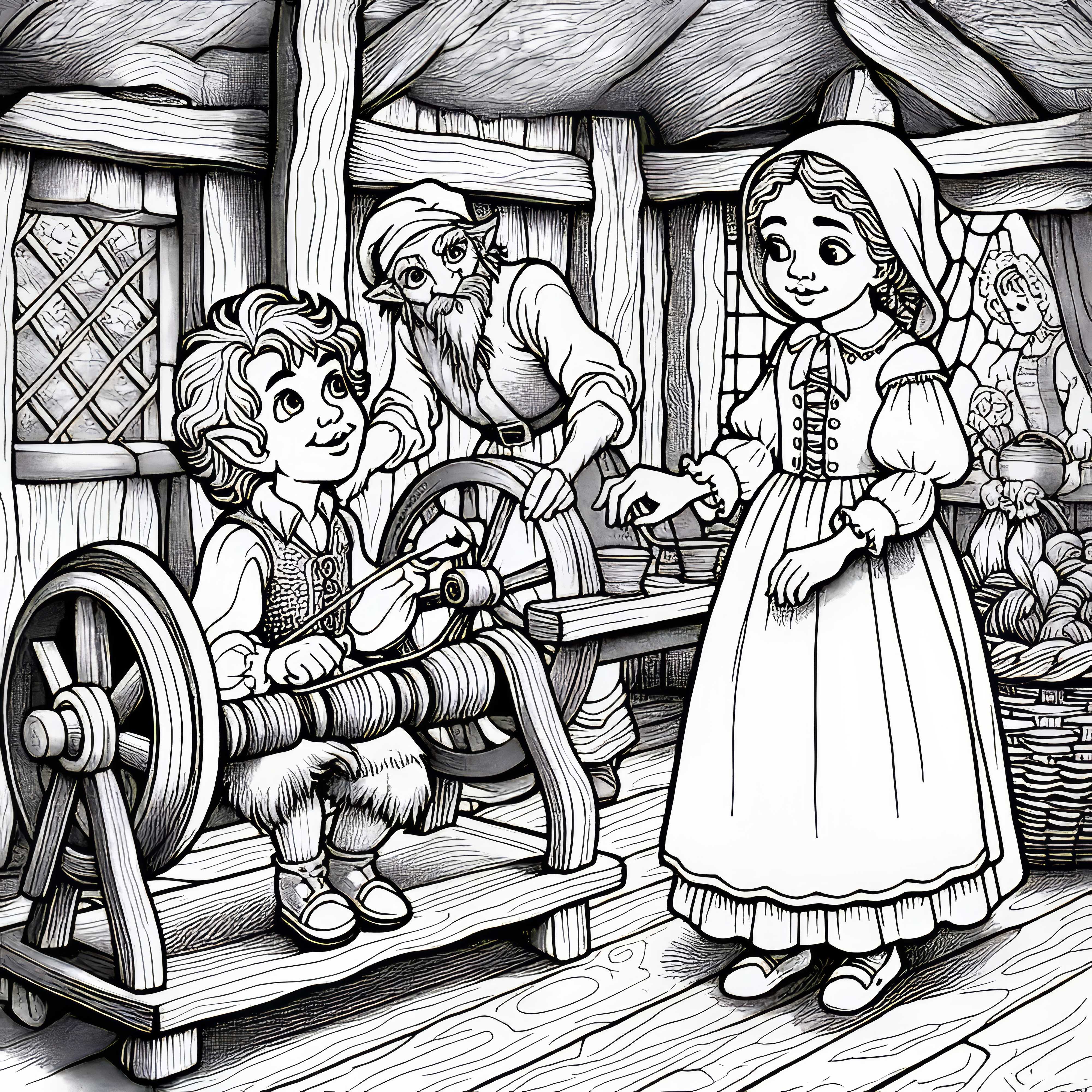 Rumpelstiltskin muncul dan menawarkan bantuan kepada putri penggiling – Template mewarnai dongeng