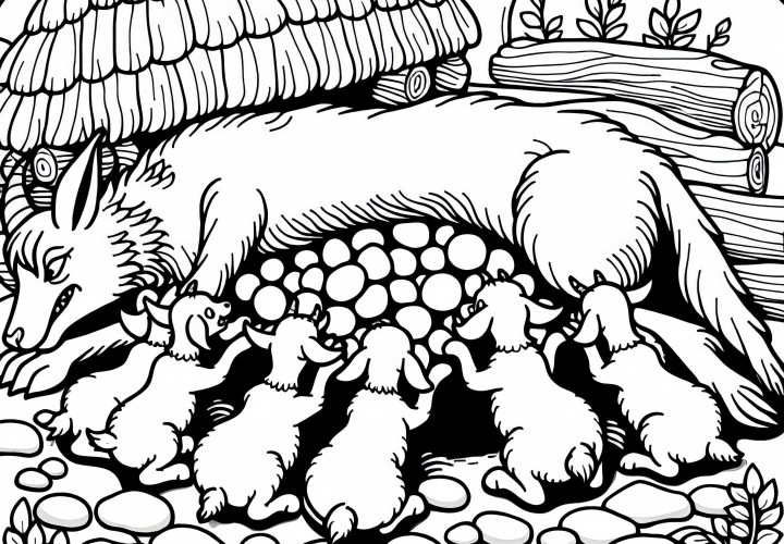 Barriga do lobo com pedras – Desenho para colorir do conto A Loba e os Sete Cabritinhos