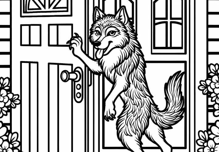 Wolf knocks on the door – Coloring template Wolf and seven little goats for free