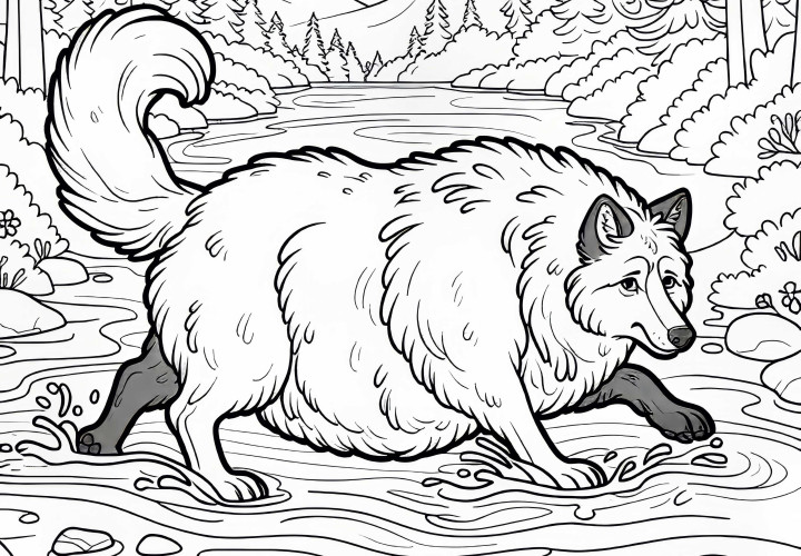 Lobo gordo tropeça no rio – Desenho para colorir do conto "O Lobo e os Sete Cabritinhos" gratuito
