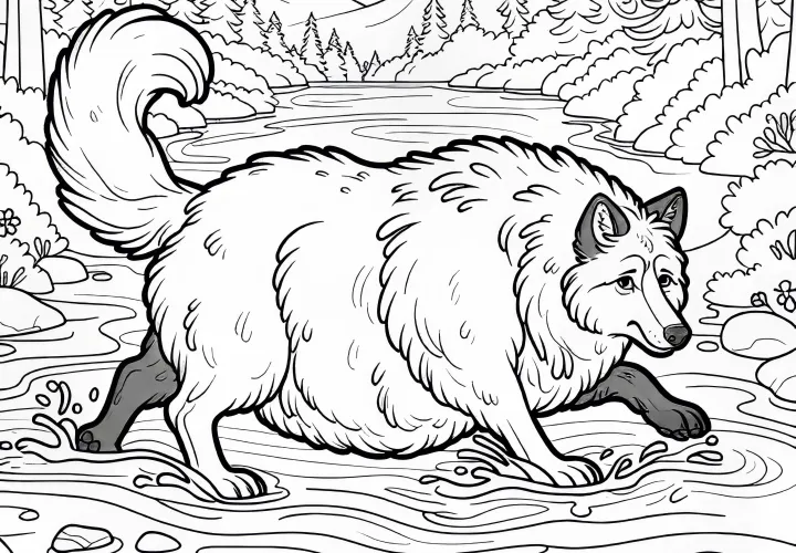 Fat Wolf stumbles into river - coloring page for the fairy tale "The Wolf and the Seven Young Kids" for free