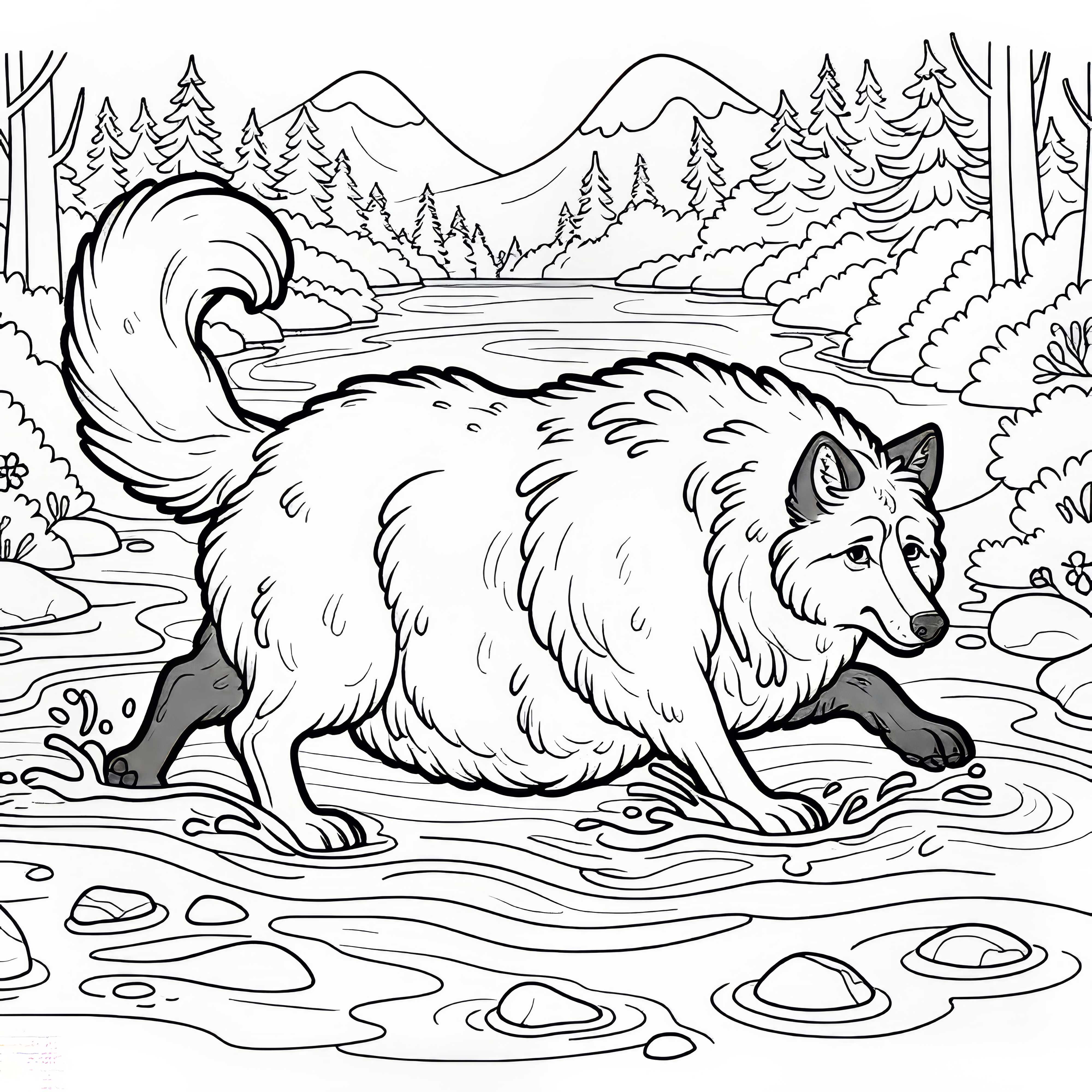 Lobo gordo tropeça no rio – modelo de desenho do conto "O Lobo e os Sete Cabritinhos" gratuito
