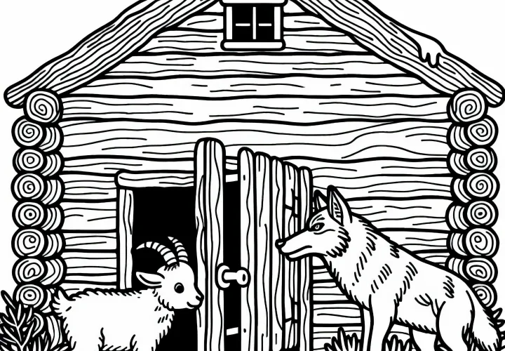 The little goat opens the door for the wolf - Free coloring page of the wolf and the seven little goats