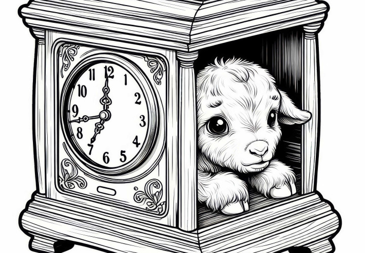 O cabritinho está sentado, com medo, na caixa do relógio – Desenho para colorir do Lobo e os sete cabritinhos grátis