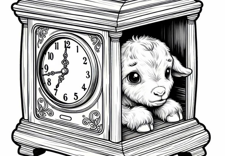 The kid is sitting anxiously in the clock case - free coloring page of the wolf and the seven kids