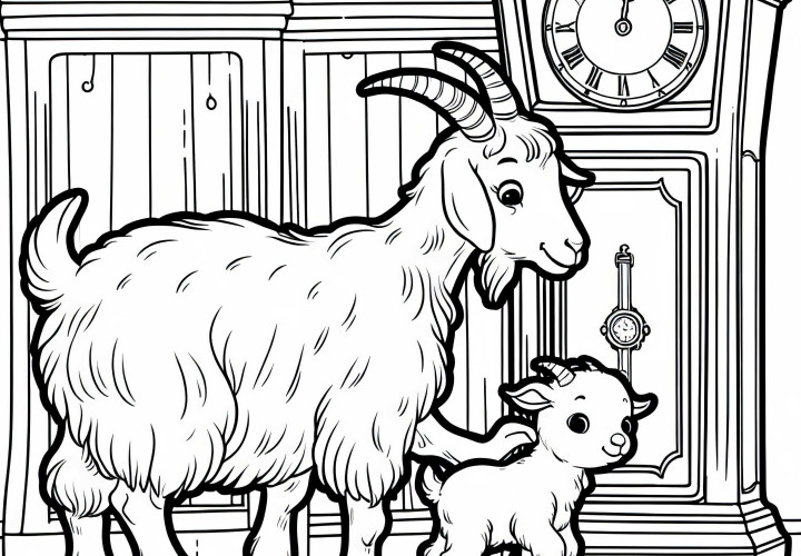 A cabra-mãe encontra os cabritinhos na caixa de relógio – Desenho para colorir do conto Chapeuzinho Vermelho e os sete cabritinhos grátis
