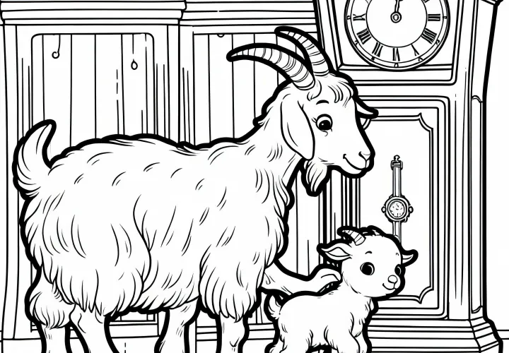Mother goat finds the kids in the clock case – coloring page for the fairy tale The Wolf and the Seven Goats free of charge