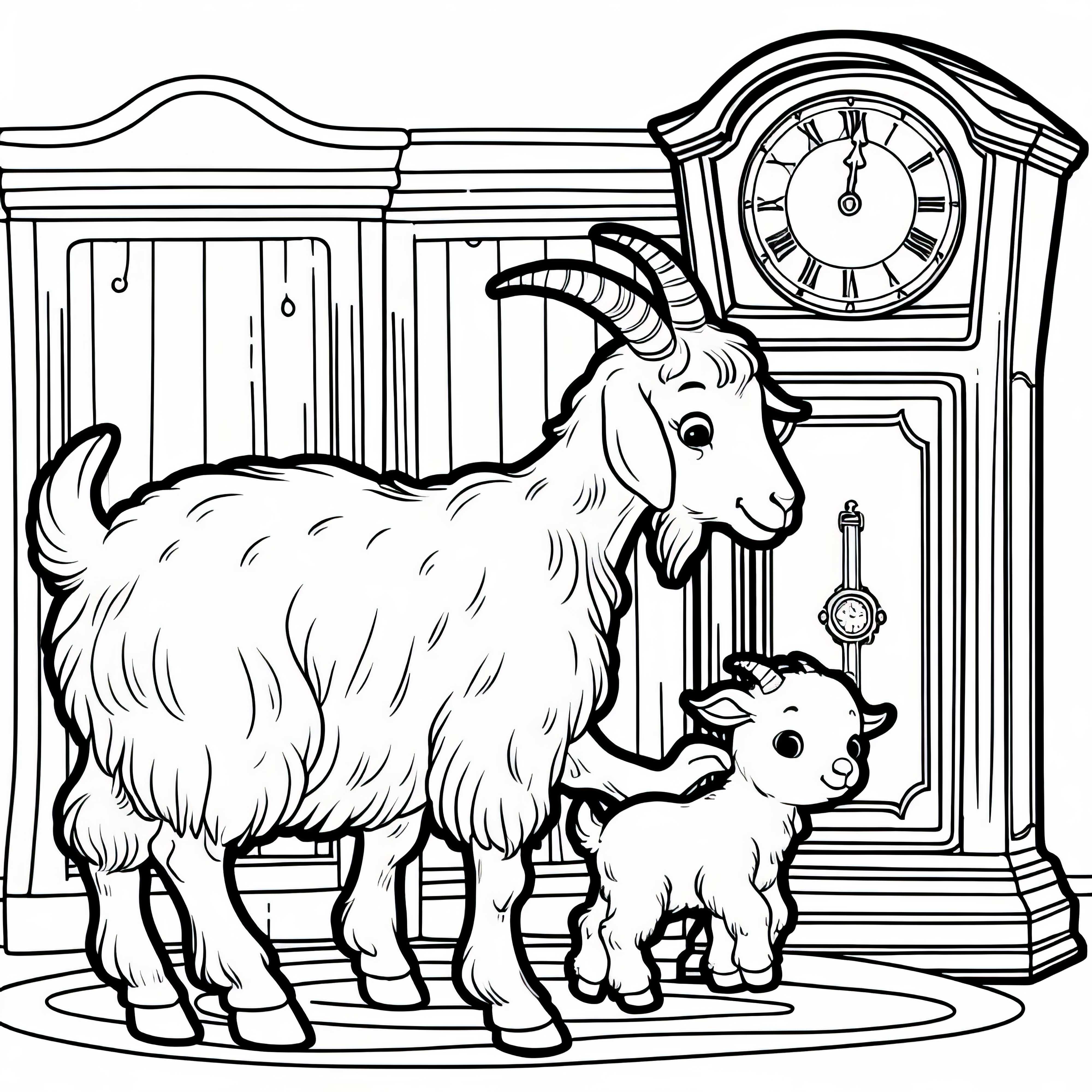 A cabra mãe encontra os cabritinhos na caixa de relógio – Desenho para colorir do conto O Lobo e os Sete Cabritinhos grátis