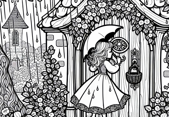 Prinzessin klopft bei Regen an die Tür des Schlosses – Ausmalbild Prinzessin auf der Erbse