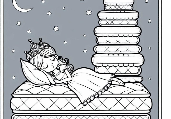Ausmalbild von der Prinzessin, die auf dem Bett der Erbse liegt