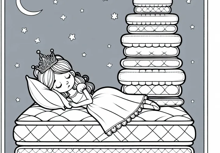 Fargeleggingsbilde av prinsessen som ligger på erte-sengen