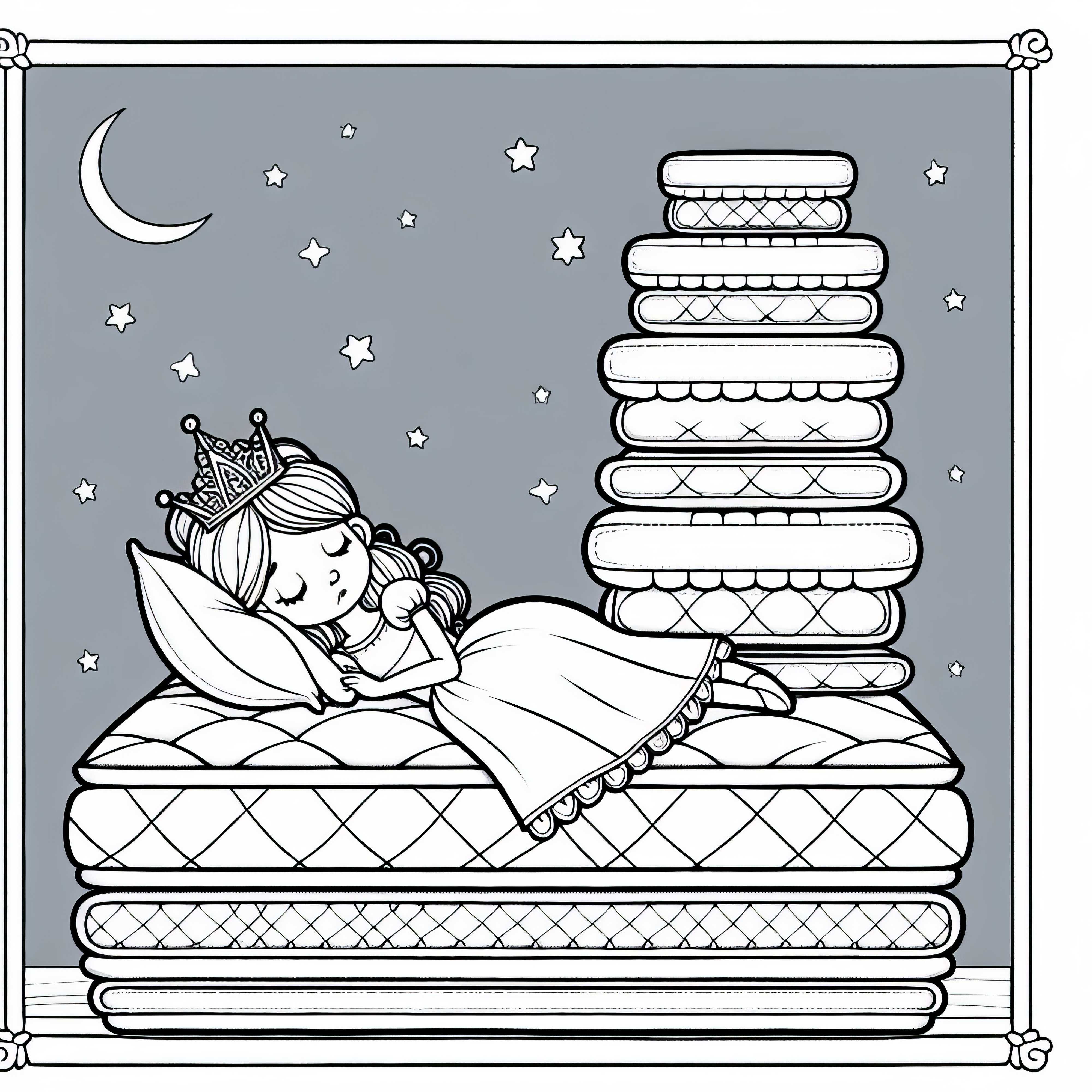 Ausmalbild von der Prinzessin, die auf dem Bett der Erbse liegt