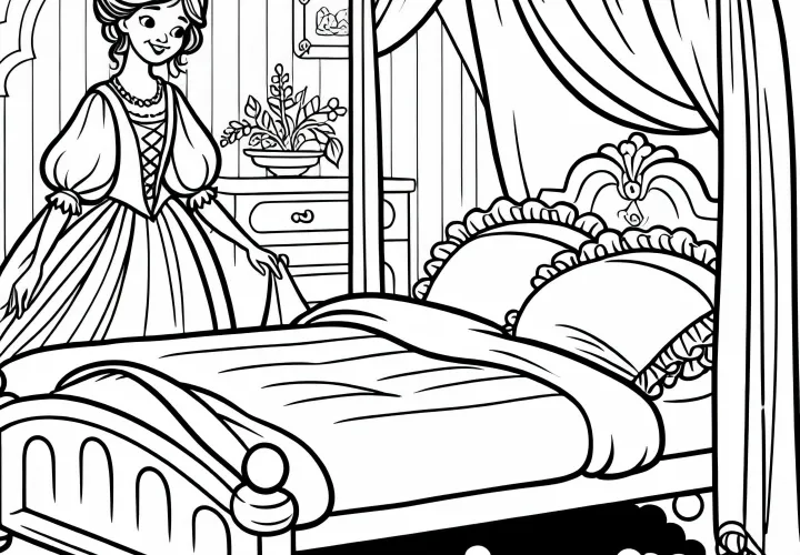 Erten blir oppdaget under madrasser – Gratis malebilde av prinsessen på erten