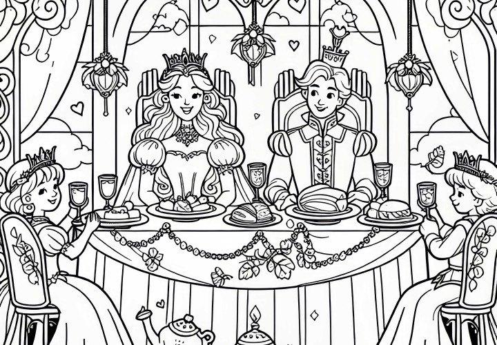 Prinzessin und Prinz feiern Hochzeit mit Fest – Ausmalbild Prinzessin auf der Erbse