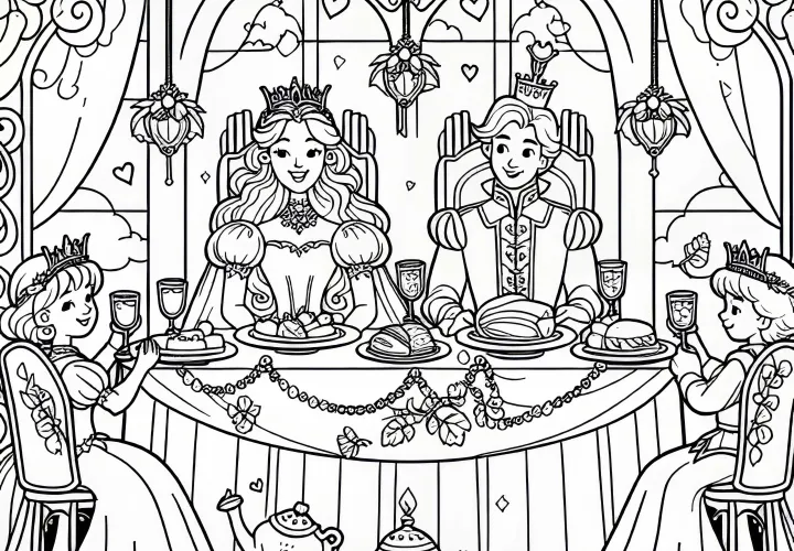 Prinsesse og prins feirer bryllup med fest – Fargeleggingsbilde av prinsessen på erte
