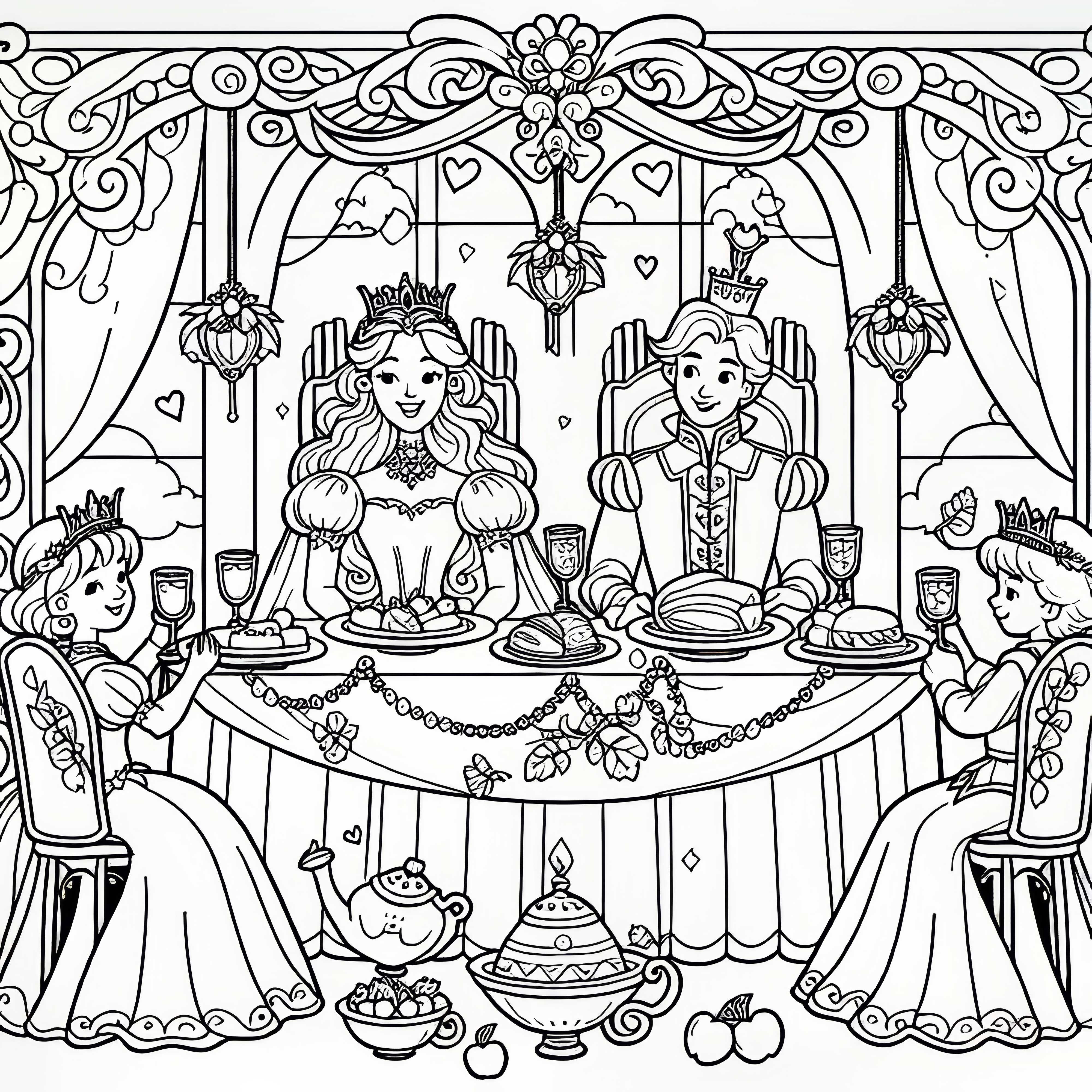 Prinzessin und Prinz feiern Hochzeit mit Fest – Ausmalbild Prinzessin auf der Erbse