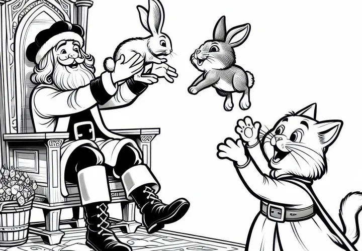 The Puss in Boots brings rabbits to the king as a gift from his master – Coloring page fairy tale