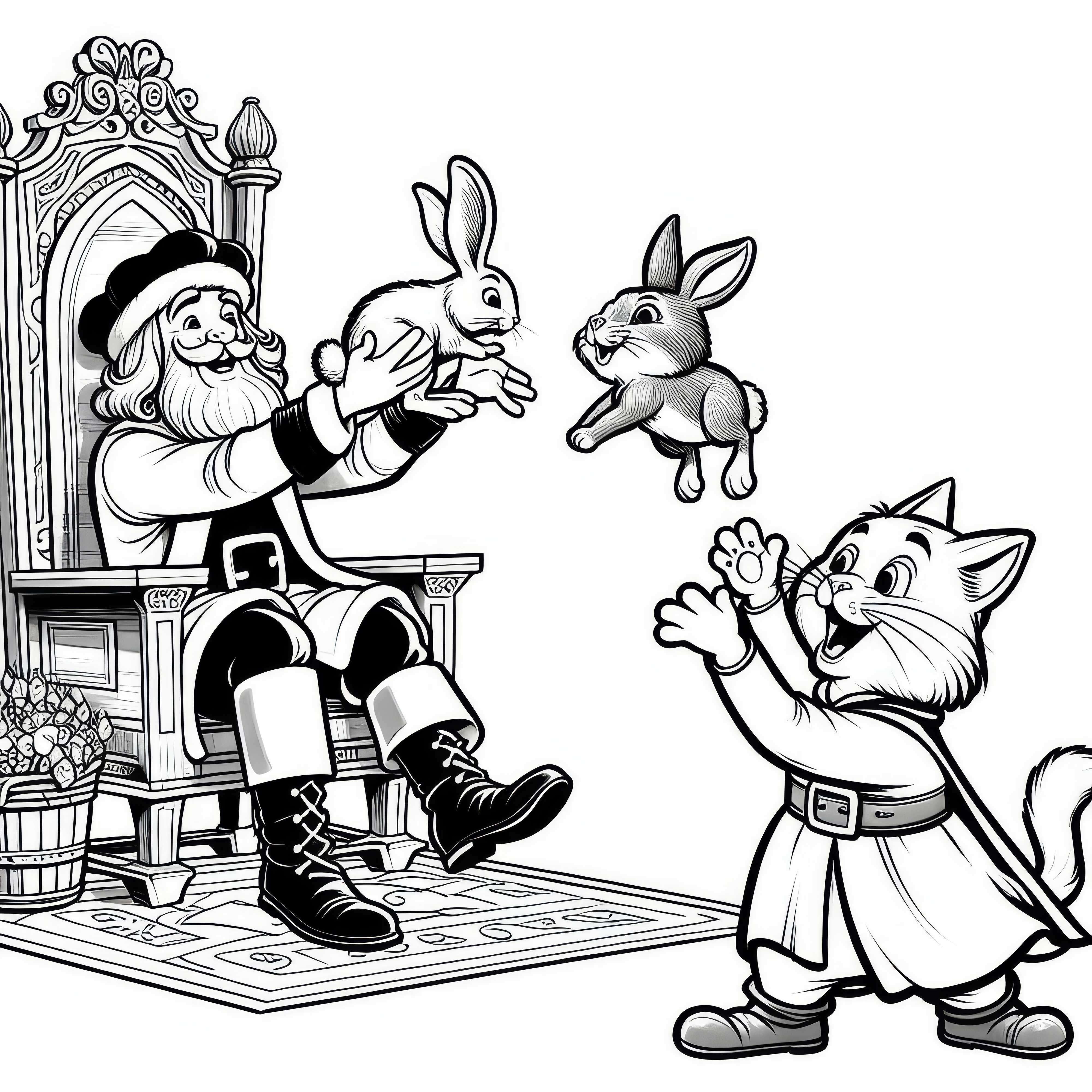 O Gato de Botas traz coelhos ao rei como presente de seu mestre - Imagem para colorir de conto de fadas