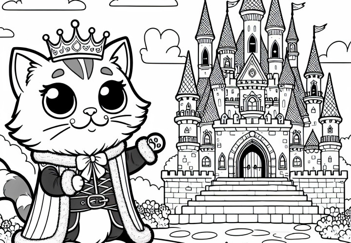 Botlu Kedi, kralına sahibine ait olan sarayı gösteriyor - Masal boyama kitabı