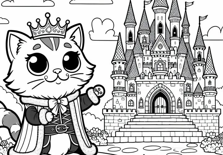 The Puss in Boots shows the king the castle that belongs to his master – Coloring page fairy tale