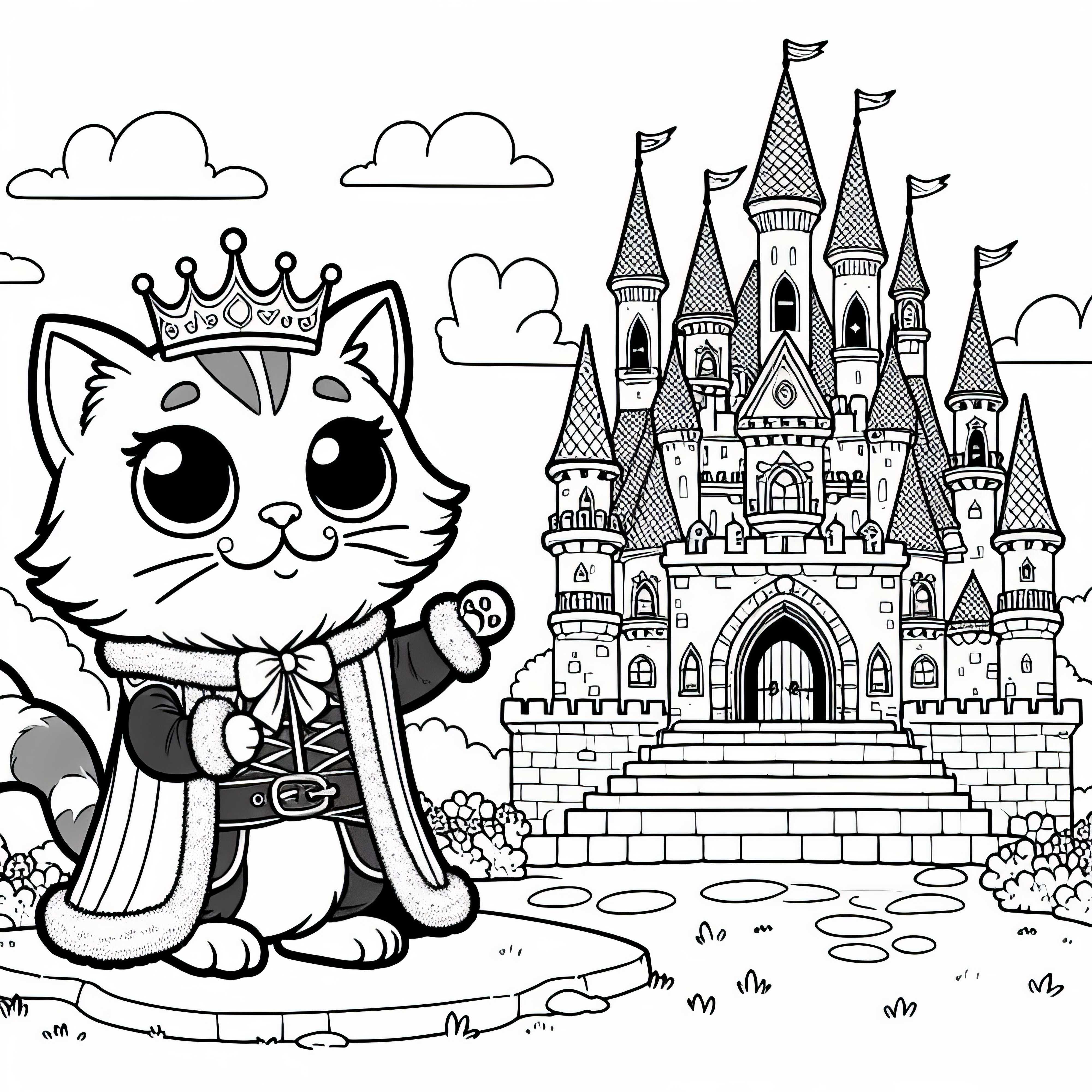 O Gato de Botas mostra ao rei o castelo que pertence ao seu senhor – Desenho para colorir conto de fadas