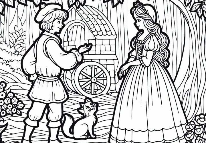 O rapaz do moleiro é admirado pela filha do rei por sua riqueza - Desenho para colorir do conto de fadas
